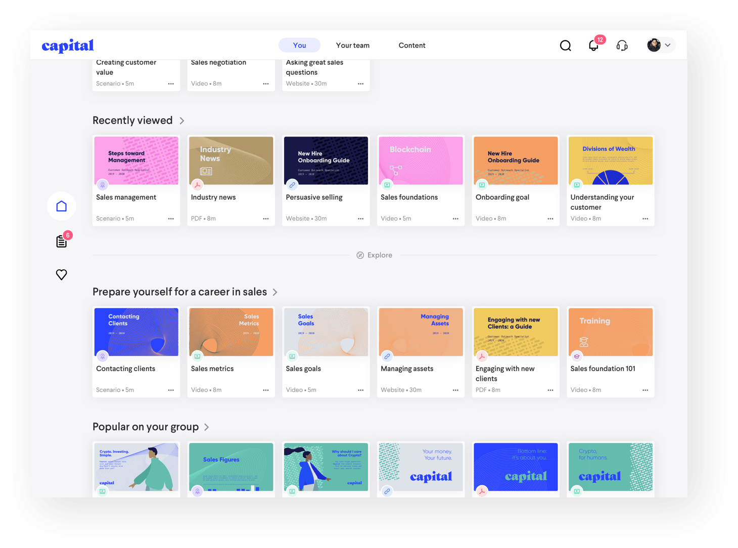 UI Mockup with rows of colorful video cards. The rows cover topics like, 'Prepare yourself for a career in sales' and 'Popular on your group'