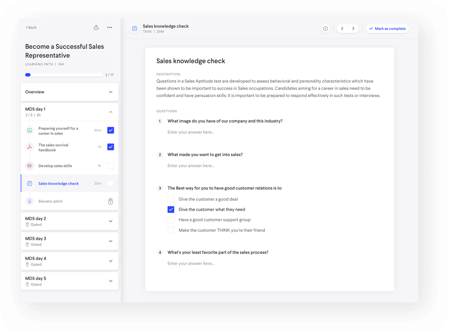 UI Mockup showing learning progress and a sales knowledge check quiz.
