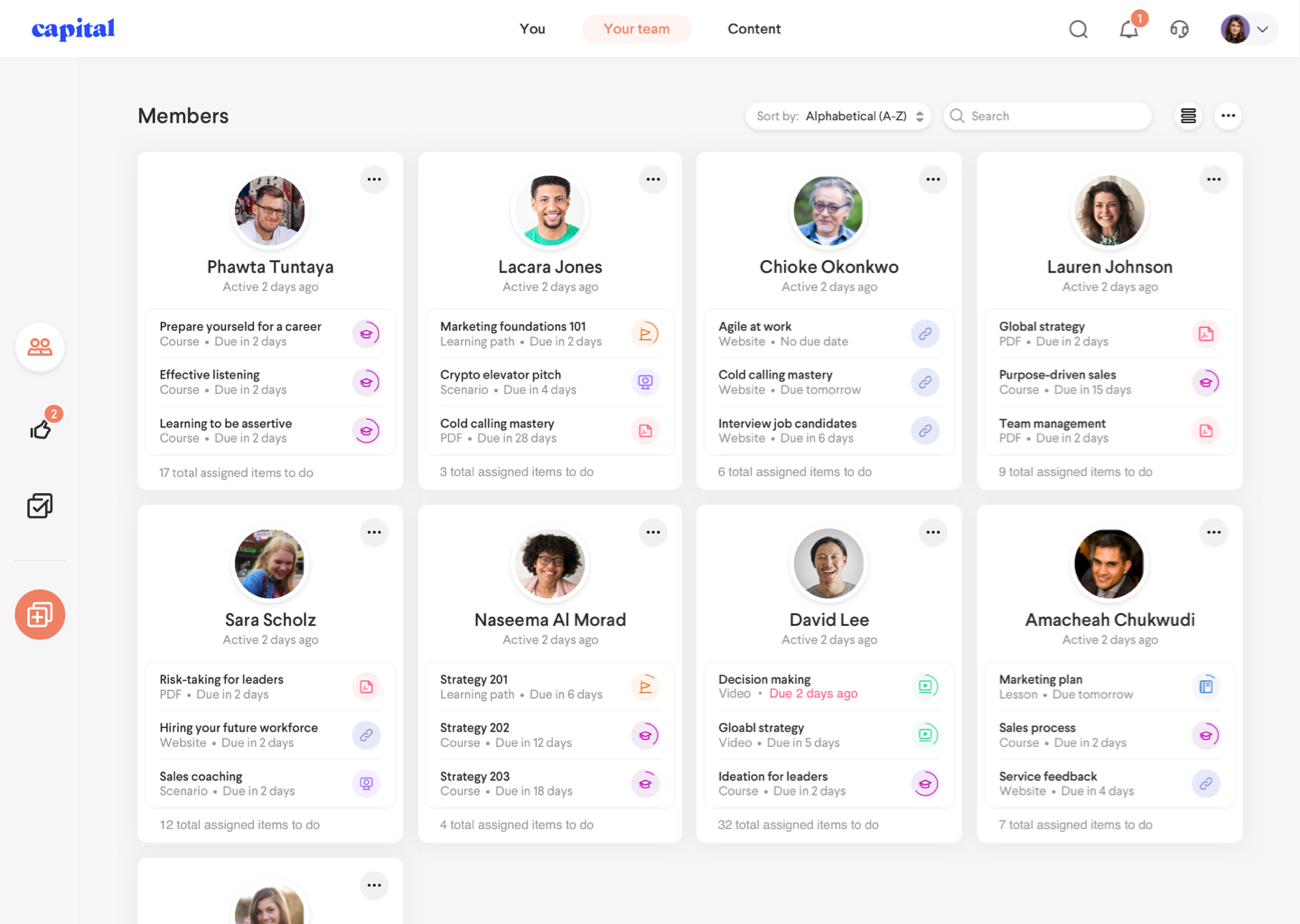 UI Mockup showing your team's profiles, their progress, and their tasks.